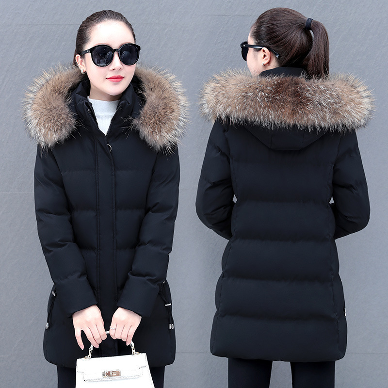 Puuvillane mantel eemaldatava kapuutsiga ja kunstliku karusnaha kaelusega, eesmine tõmblukk, keskmise pikkusega