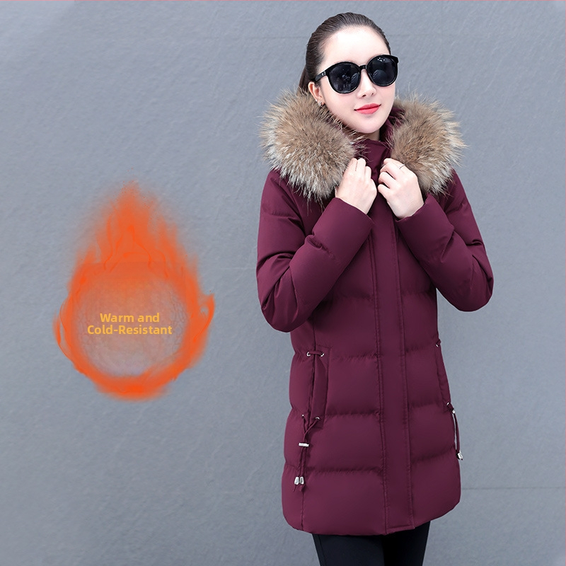 Puuvillane mantel eemaldatava kapuutsiga ja kunstliku karusnaha kaelusega, eesmine tõmblukk, keskmise pikkusega