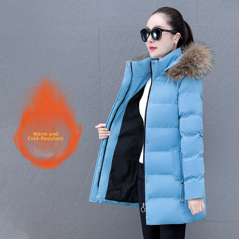 Puuvillane mantel eemaldatava kapuutsiga ja kunstliku karusnaha kaelusega, eesmine tõmblukk, keskmise pikkusega