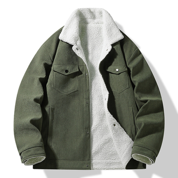 Corduroy zimska jakna za muškarce sa stojećim ovratnikom, zatvaračem, bočnim džepovima, opuštenim krojem, debelom podstavom