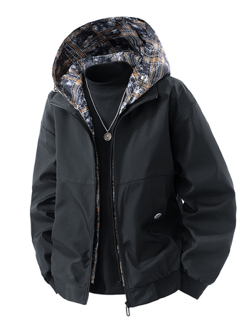 Meeste kapuutsiga jakk, eesmine tõmblukk, vaba lõige (rever-kaelus; küljetaskud)