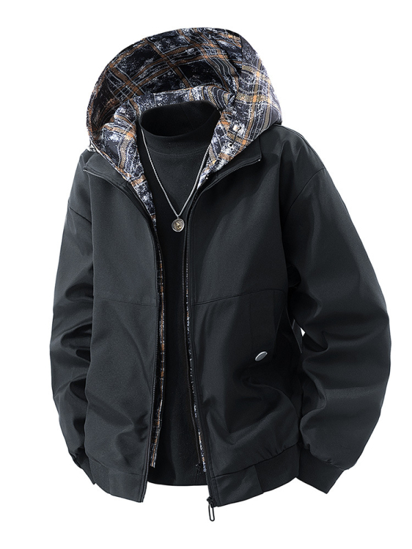 Meeste kapuutsiga jakk, eesmine tõmblukk, vaba lõige (rever-kaelus; küljetaskud)