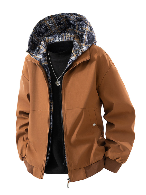 Meeste kapuutsiga jakk, eesmine tõmblukk, vaba lõige (rever-kaelus; küljetaskud)