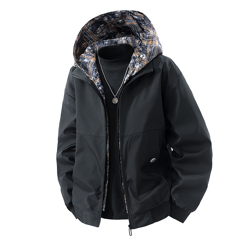 Meeste kapuutsiga jakk, eesmine tõmblukk, vaba lõige (rever-kaelus; küljetaskud)