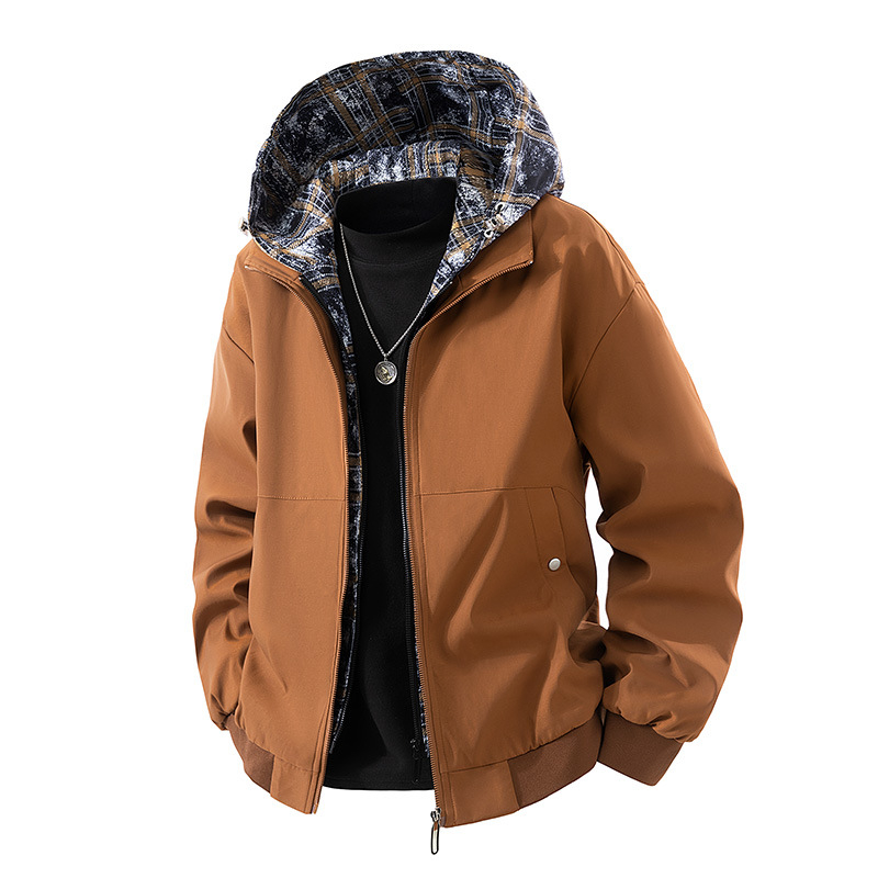 Meeste kapuutsiga jakk, eesmine tõmblukk, vaba lõige (rever-kaelus; küljetaskud)