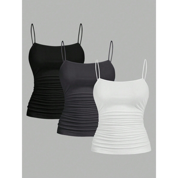 Naiste kolmekomplekt: varrukateta tops pliseeritud ja külje lõhest, kitsas lõige, igapäevane stiil (Cotton-Linen, Vinylon kiud, 2023 suvi, logo muster)