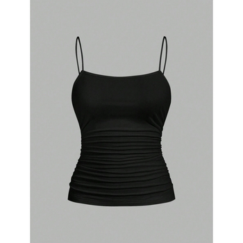 Naiste kolmekomplekt: varrukateta tops pliseeritud ja külje lõhest, kitsas lõige, igapäevane stiil (Cotton-Linen, Vinylon kiud, 2023 suvi, logo muster)