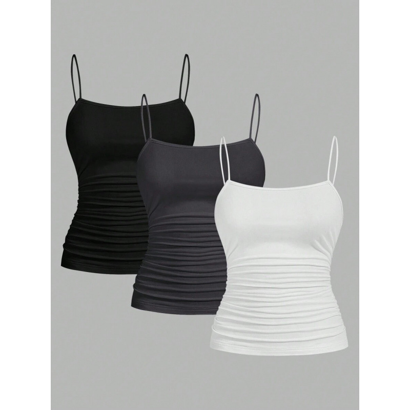 Naiste kolmekomplekt: varrukateta tops pliseeritud ja külje lõhest, kitsas lõige, igapäevane stiil (Cotton-Linen, Vinylon kiud, 2023 suvi, logo muster)