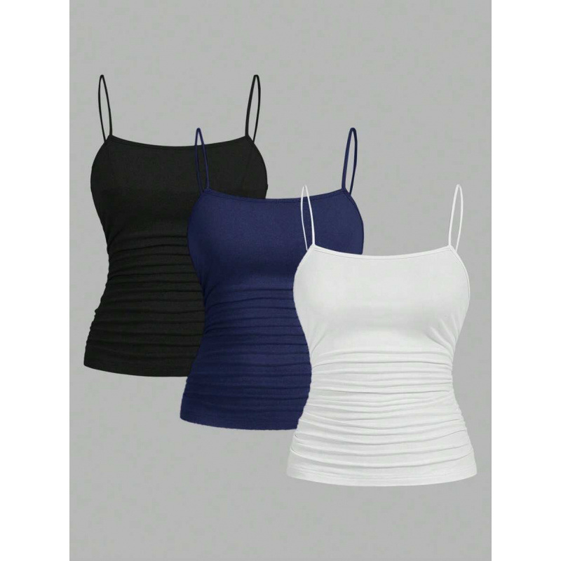 Naiste kolmekomplekt: varrukateta tops pliseeritud ja külje lõhest, kitsas lõige, igapäevane stiil (Cotton-Linen, Vinylon kiud, 2023 suvi, logo muster)