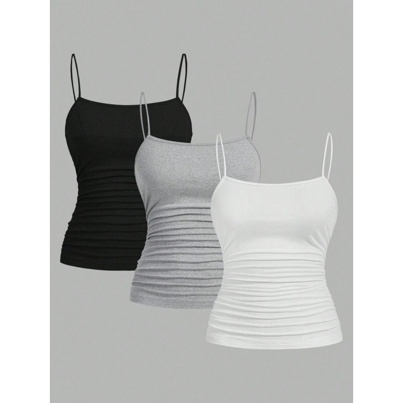 Naiste kolmekomplekt: varrukateta tops pliseeritud ja külje lõhest, kitsas lõige, igapäevane stiil (Cotton-Linen, Vinylon kiud, 2023 suvi, logo muster)