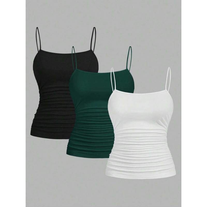 Naiste kolmekomplekt: varrukateta tops pliseeritud ja külje lõhest, kitsas lõige, igapäevane stiil (Cotton-Linen, Vinylon kiud, 2023 suvi, logo muster)