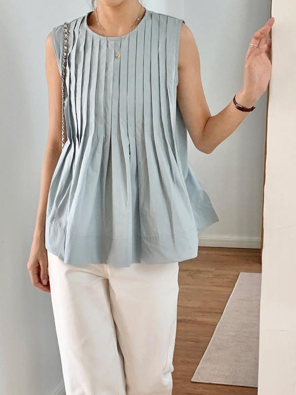 Särk varrukateta ümmarguse kaelusega – Korea šikk suvine retro, vaba lõige, 70–80% puuvill, ühestoon muster