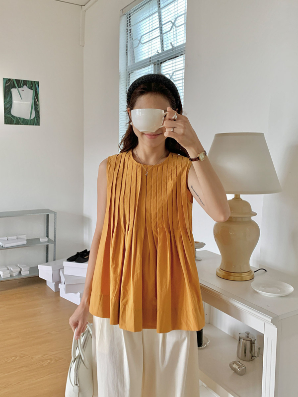 Särk varrukateta ümmarguse kaelusega – Korea šikk suvine retro, vaba lõige, 70–80% puuvill, ühestoon muster