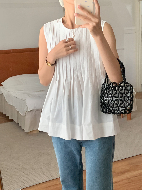 Särk varrukateta ümmarguse kaelusega – Korea šikk suvine retro, vaba lõige, 70–80% puuvill, ühestoon muster