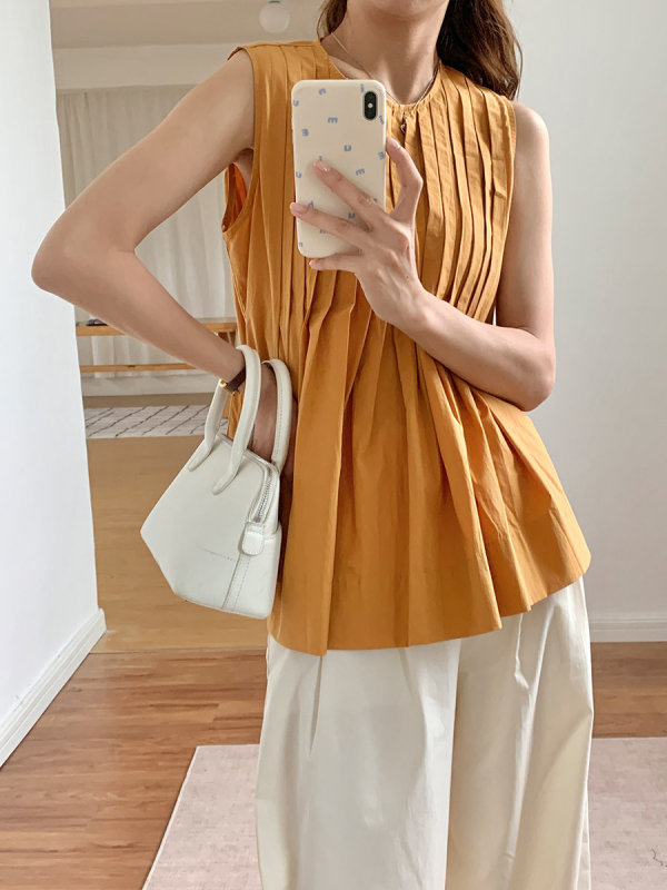 Särk varrukateta ümmarguse kaelusega – Korea šikk suvine retro, vaba lõige, 70–80% puuvill, ühestoon muster