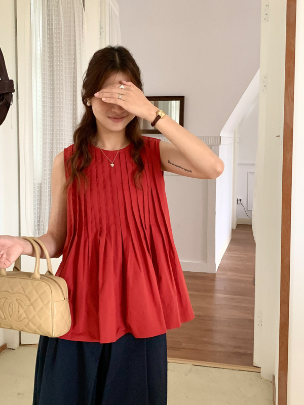 Särk varrukateta ümmarguse kaelusega – Korea šikk suvine retro, vaba lõige, 70–80% puuvill, ühestoon muster