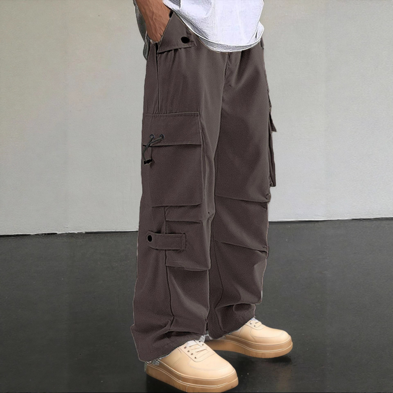 Meeste polüesterist sportpüksid sirge lõikega, mitmekülgsed taskud, kõrge vöökoht, pikad