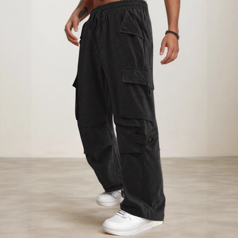 Meeste polüesterist sportpüksid sirge lõikega, mitmekülgsed taskud, kõrge vöökoht, pikad