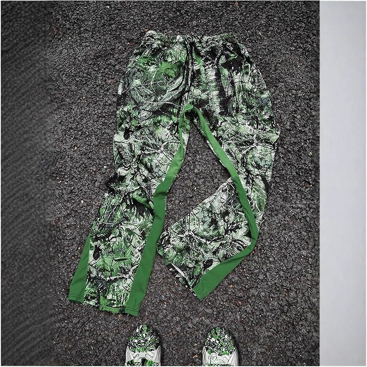 Unisex kamufláž športové nohavice rovného strihu, dlhé, stredný pás, 100% polyester