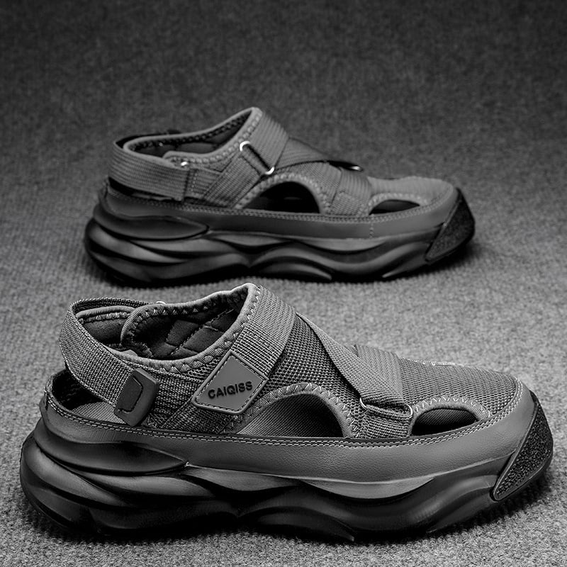 Meeste sandaalid – hingav ülemine, kummist talla, avatud varvas, kinnitamine: klambriga (Ülemine: Hingav materjal; Talla: Kumm; Dizain: Avatud varvas; Kinnitamine: Klamber)