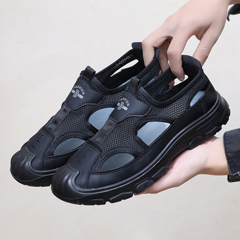 Meeste hingavad võrgust sandaalid tööläbu jaoks, slip-on disain, ümmargune varvas, PVC talla, madal kand 1–3 cm