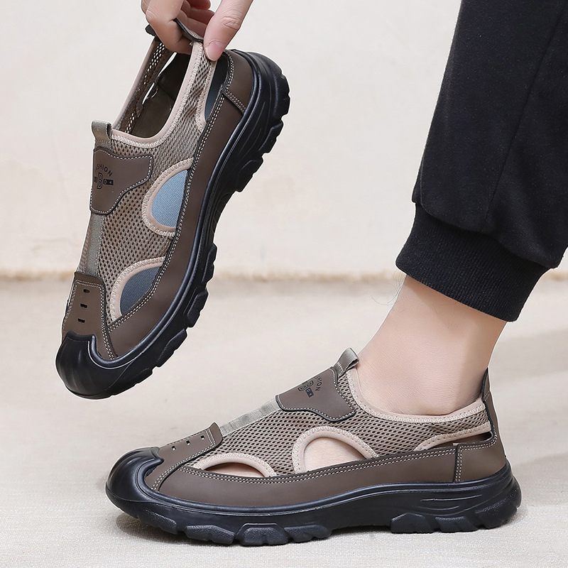 Meeste hingavad võrgust sandaalid tööläbu jaoks, slip-on disain, ümmargune varvas, PVC talla, madal kand 1–3 cm