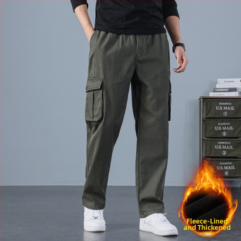 Meeste puuvillased tööpüksid sirge lõikega, kõrge talje, lukk, sametist vooder ja mitu taskut