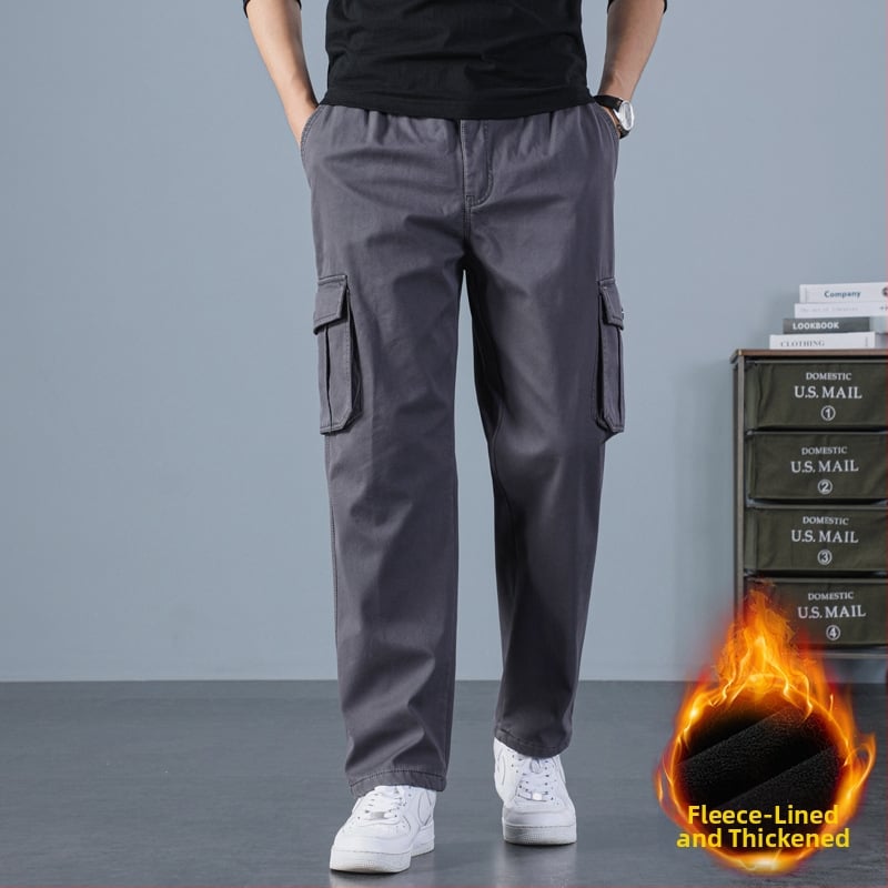 Meeste puuvillased tööpüksid sirge lõikega, kõrge talje, lukk, sametist vooder ja mitu taskut