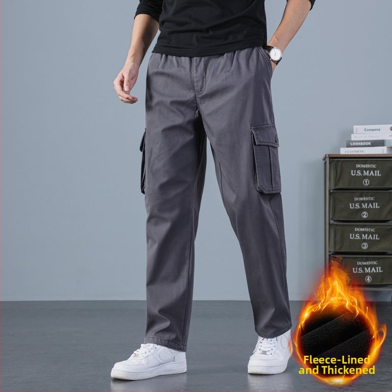 Meeste puuvillased tööpüksid sirge lõikega, kõrge talje, lukk, sametist vooder ja mitu taskut