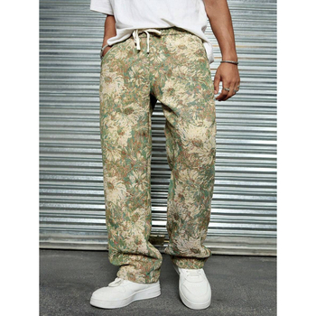 Meeste vabaist lõikega püksid Havai lillemustriga, üheksa kümnendilise pikkusega, puuvillane CVC, kerge venivus