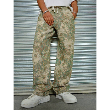 Meeste vabaist lõikega püksid Havai lillemustriga, üheksa kümnendilise pikkusega, puuvillane CVC, kerge venivus