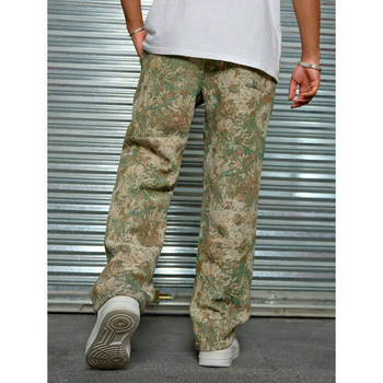 Meeste vabaist lõikega püksid Havai lillemustriga, üheksa kümnendilise pikkusega, puuvillane CVC, kerge venivus