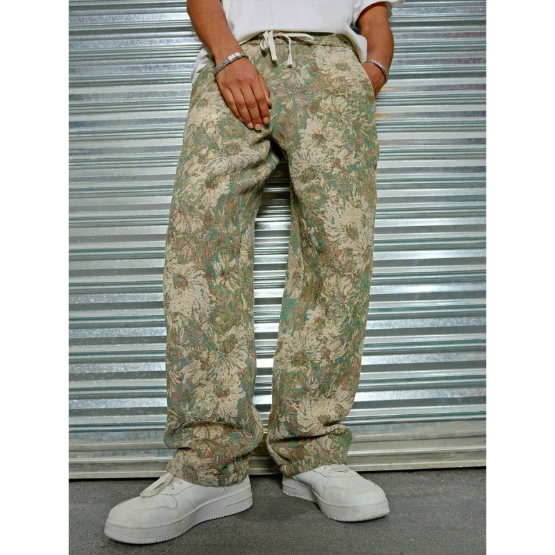 Meeste vabaist lõikega püksid Havai lillemustriga, üheksa kümnendilise pikkusega, puuvillane CVC, kerge venivus