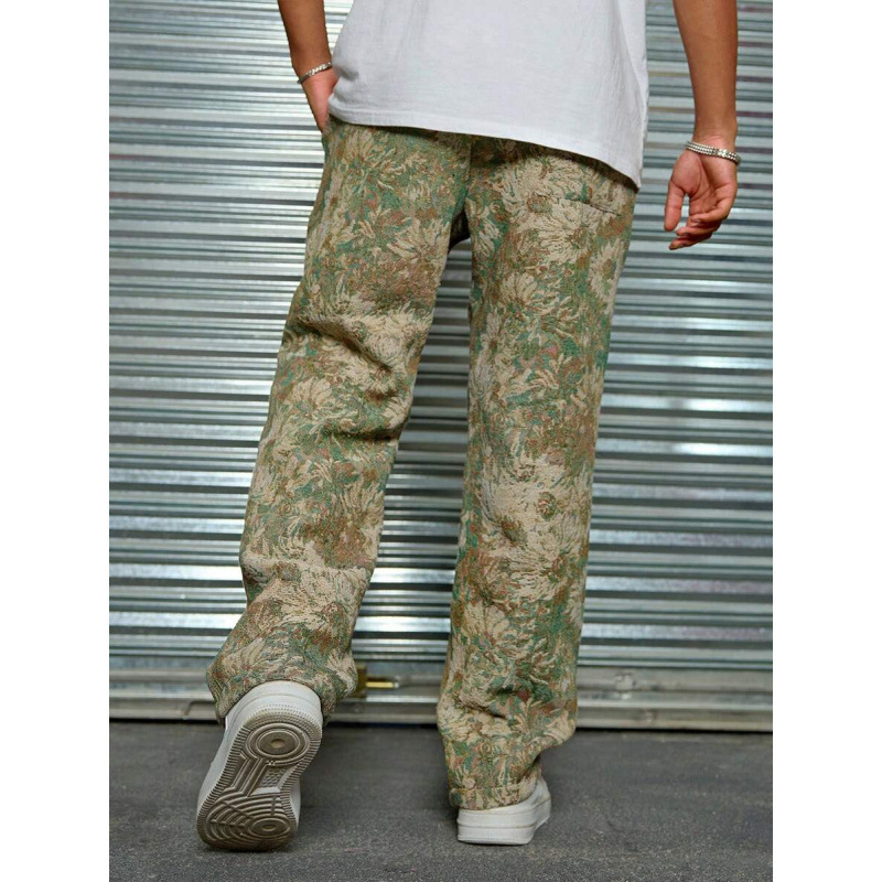 Meeste vabaist lõikega püksid Havai lillemustriga, üheksa kümnendilise pikkusega, puuvillane CVC, kerge venivus