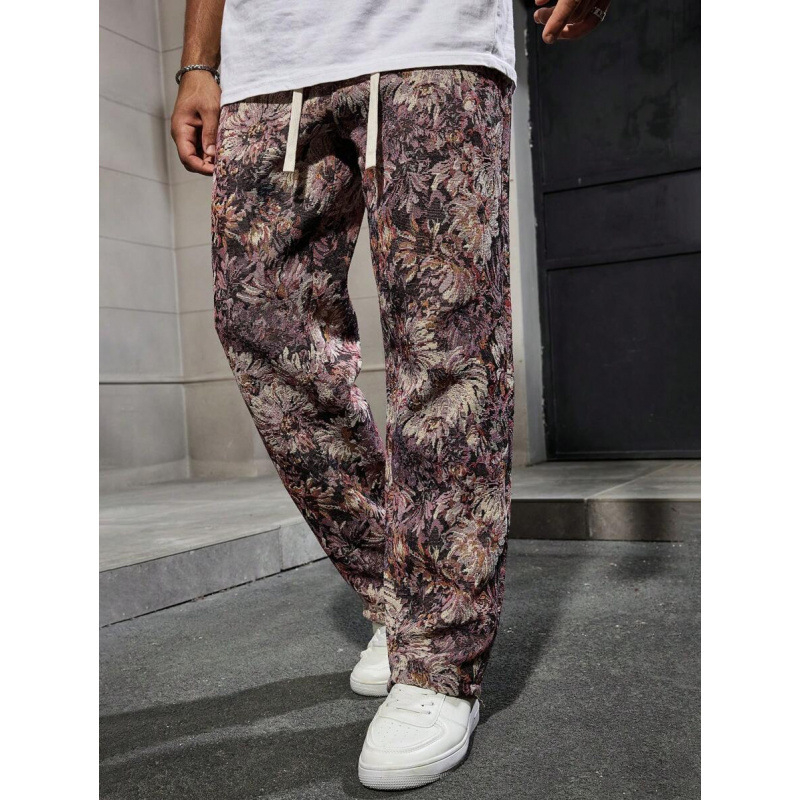 Meeste vabaist lõikega püksid Havai lillemustriga, üheksa kümnendilise pikkusega, puuvillane CVC, kerge venivus