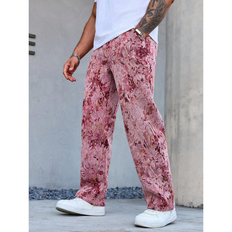 Meeste vabaist lõikega püksid Havai lillemustriga, üheksa kümnendilise pikkusega, puuvillane CVC, kerge venivus