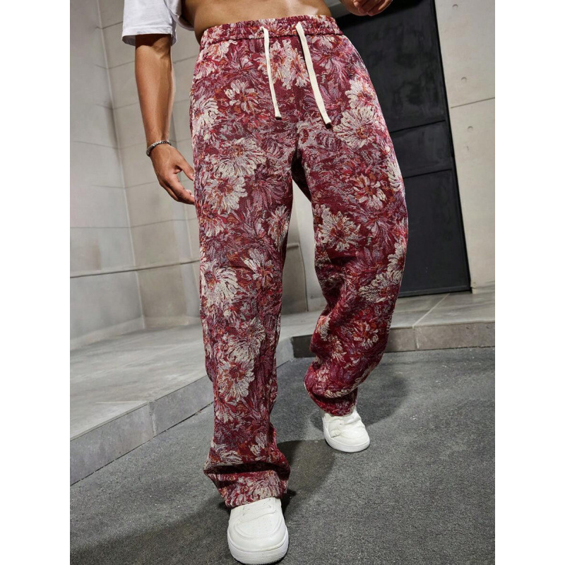 Meeste vabaist lõikega püksid Havai lillemustriga, üheksa kümnendilise pikkusega, puuvillane CVC, kerge venivus