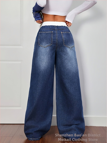 Denim teksapüksid, keskmise vöökoha, vabas lõikes, pikad püksid, keskmise elastusega