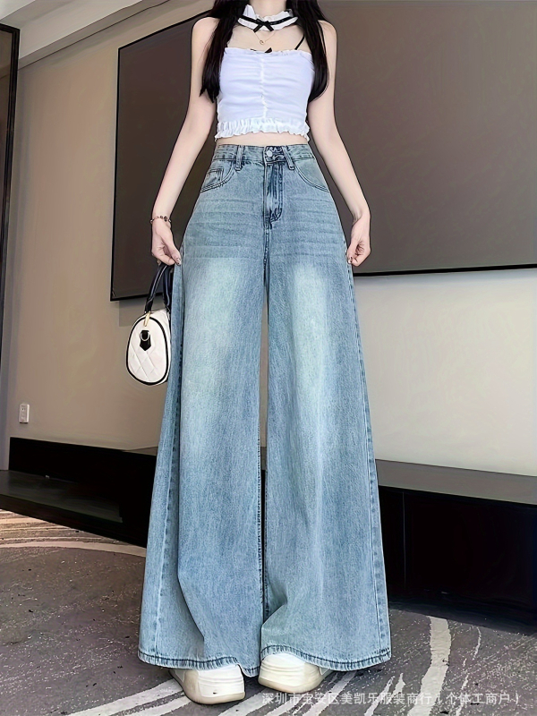 Denim teksapüksid, keskmise vöökoha, vabas lõikes, pikad püksid, keskmise elastusega