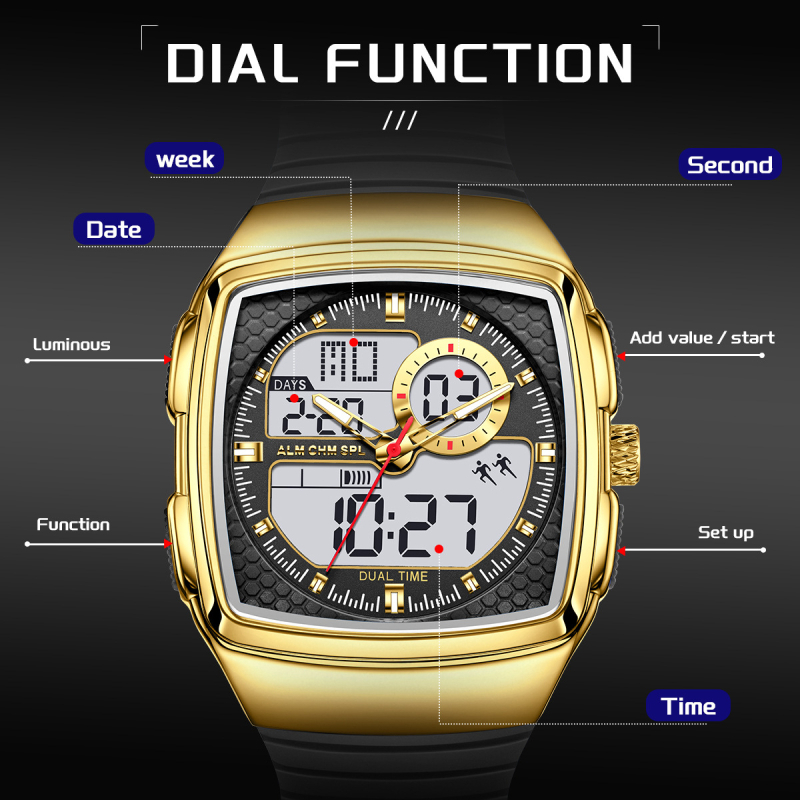 Elektronické hodinky s vodotesnosťou do 50 m, silikónový remienok, puzdro zliatiny, minerálne posilnené sklo