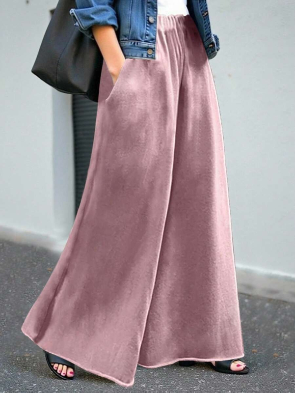 Naiste laia lõikega pikkad püksid, kõrge vöökoht, polüester-spandexi segu, igapäevane elegantne stiil tööks