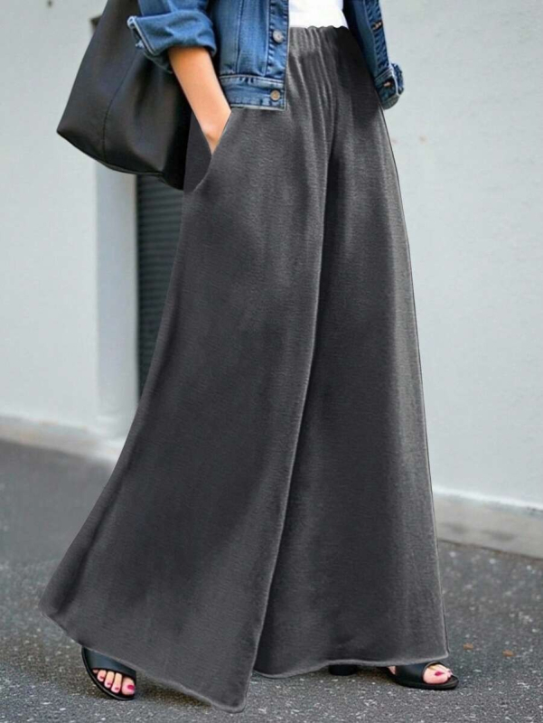 Naiste laia lõikega pikkad püksid, kõrge vöökoht, polüester-spandexi segu, igapäevane elegantne stiil tööks