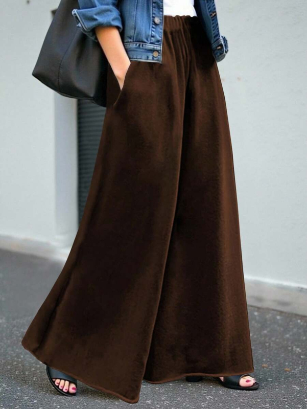 Naiste laia lõikega pikkad püksid, kõrge vöökoht, polüester-spandexi segu, igapäevane elegantne stiil tööks