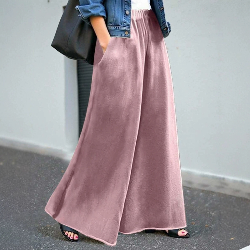 Naiste laia lõikega pikkad püksid, kõrge vöökoht, polüester-spandexi segu, igapäevane elegantne stiil tööks