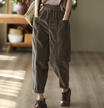 Naiste Corduroy harém püksid, elastne vöökoht, vaba lõige, puuvillane, keskmise paksusega, sügis 2022