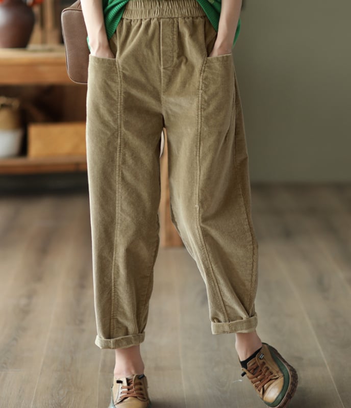 Naiste Corduroy harém püksid, elastne vöökoht, vaba lõige, puuvillane, keskmise paksusega, sügis 2022