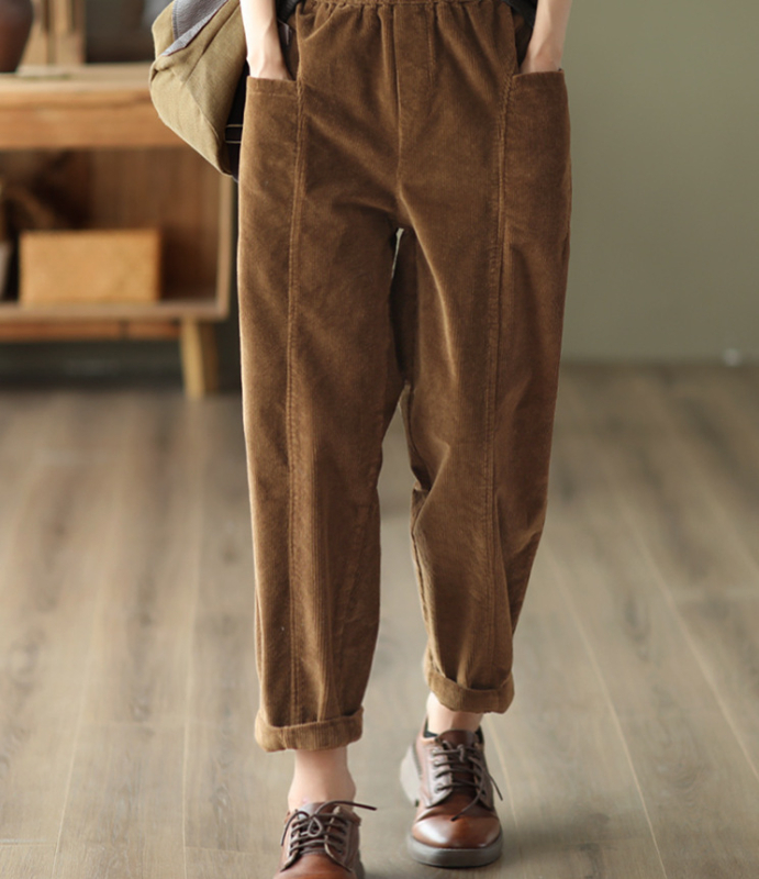 Naiste Corduroy harém püksid, elastne vöökoht, vaba lõige, puuvillane, keskmise paksusega, sügis 2022