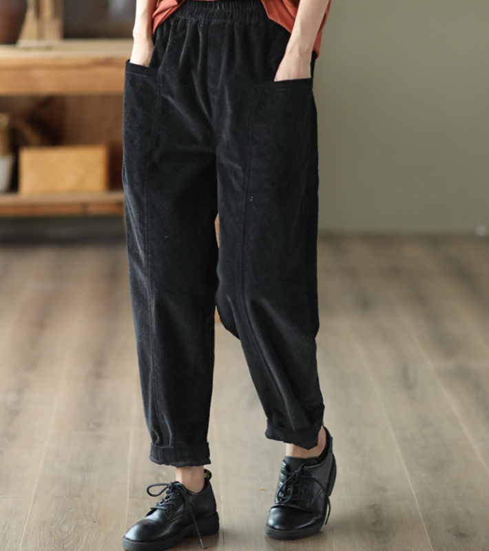 Naiste Corduroy harém püksid, elastne vöökoht, vaba lõige, puuvillane, keskmise paksusega, sügis 2022