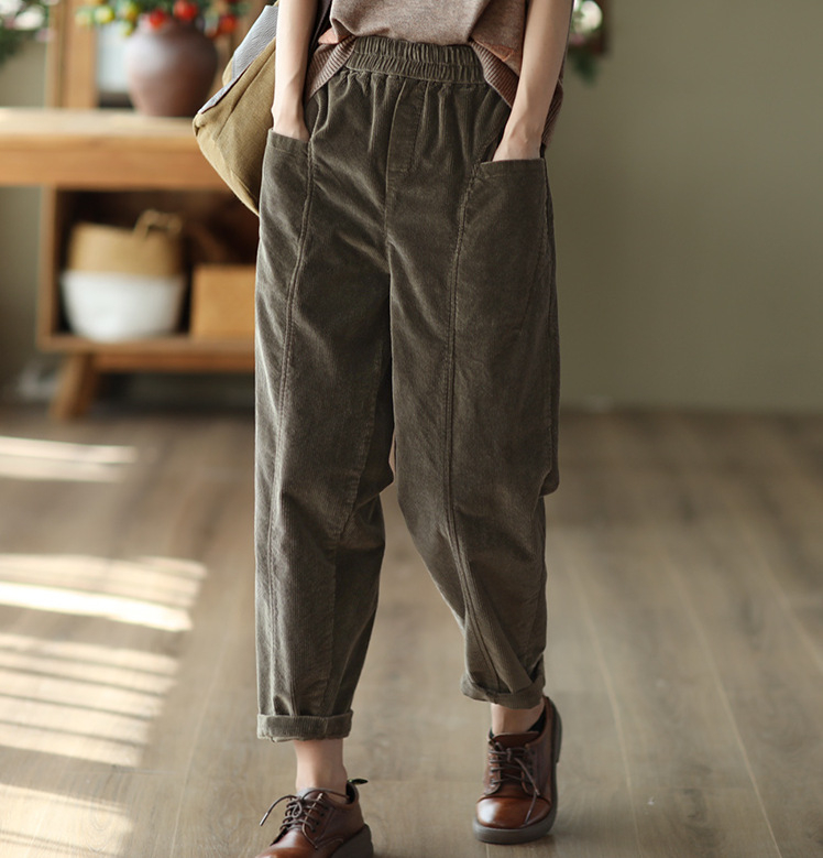 Naiste Corduroy harém püksid, elastne vöökoht, vaba lõige, puuvillane, keskmise paksusega, sügis 2022