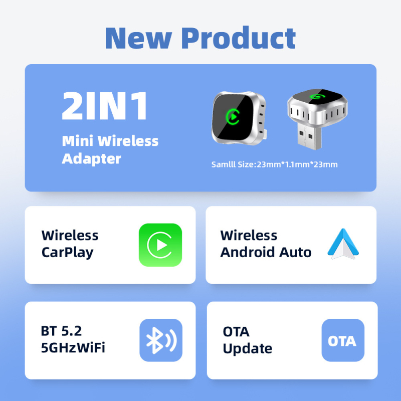 2-v-1 bezdrôtová krabička CarPlay a Android Auto s hliníkovým telom a akrylovým zrkadlovým povrchom, USB-C rozhranie, Linux OS, model TY616, kompatibilné s káblovým CarPlay/Android Auto